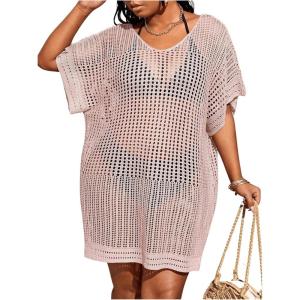 imageSOLY HUX Womens Plus Size Casual Summer Short Sleeve Cover Up Hollow Out Split Swimsuit Bikini Beach DressPlain Light Pink