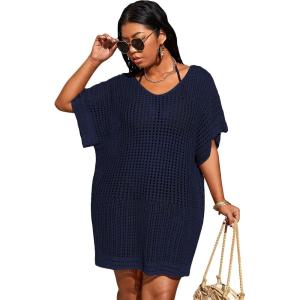 imageSOLY HUX Womens Plus Size Casual Summer Short Sleeve Cover Up Hollow Out Split Swimsuit Bikini Beach DressPlain Royal Blue