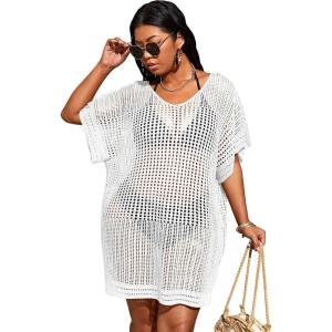 imageSOLY HUX Womens Plus Size Casual Summer Short Sleeve Cover Up Hollow Out Split Swimsuit Bikini Beach DressWhite Plain