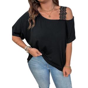 imageSOLY HUX Womens Plus Size Cold Shoulder Contrast Lace Short Sleeve Tee T Shirt Summer TopsBlack