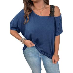 imageSOLY HUX Womens Plus Size Cold Shoulder Contrast Lace Short Sleeve Tee T Shirt Summer TopsDusty Blue