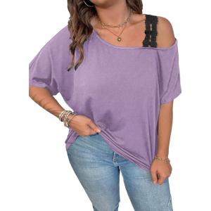 imageSOLY HUX Womens Plus Size Cold Shoulder Contrast Lace Short Sleeve Tee T Shirt Summer TopsLilac Purple