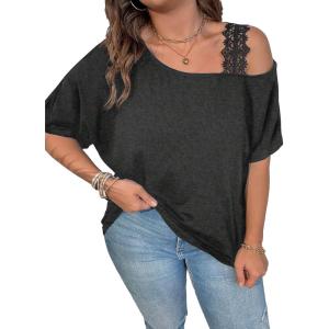 imageSOLY HUX Womens Plus Size Cold Shoulder Contrast Lace Short Sleeve Tee T Shirt Summer TopsPlain Dark Grey