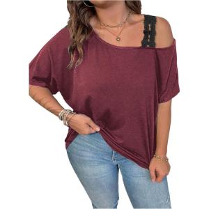 imageSOLY HUX Womens Plus Size Cold Shoulder Contrast Lace Short Sleeve Tee T Shirt Summer TopsPlain Red