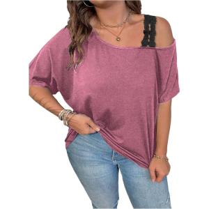 imageSOLY HUX Womens Plus Size Cold Shoulder Contrast Lace Short Sleeve Tee T Shirt Summer TopsPlain Redwood