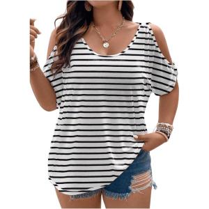 imageSOLY HUX Womens Plus Size Cold Shoulder Tops Summer Casual Trendy Scoop Neck Loose Tees T ShirtsBlack and White