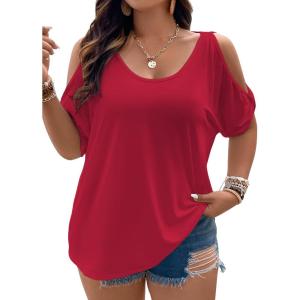 imageSOLY HUX Womens Plus Size Cold Shoulder Tops Summer Casual Trendy Scoop Neck Loose Tees T ShirtsPlain Red