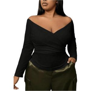 imageSOLY HUX Womens Plus Size Off Shoulder Tops Ruched Wrap Long Sleeve Shirt Casual Slim Fit Tee ShirtsPure Black