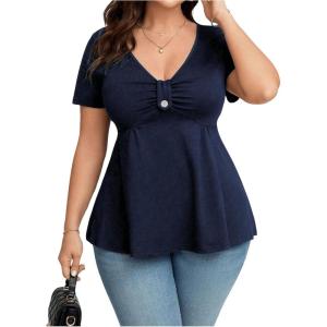 imageSOLY HUX Womens Plus Size Peplum Tops Casual Ruched Ruffle V Neck Short Sleeve T Shirts Cute TeesDark Blue