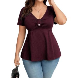 imageSOLY HUX Womens Plus Size Peplum Tops Casual Ruched Ruffle V Neck Short Sleeve T Shirts Cute TeesPlain Burgundy