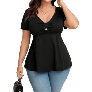 imageSOLY HUX Womens Plus Size Peplum Tops Casual Ruched Ruffle V Neck Short Sleeve T Shirts Cute TeesPure Black