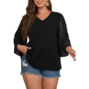 imageSOLY HUX Womens Plus Size Swiss Dots V Neck 34 Sleeve Casual Blouse TopsPure Black