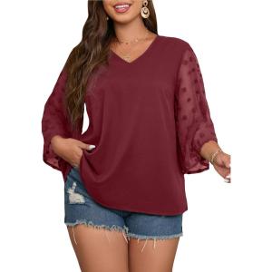 imageSOLY HUX Womens Plus Size Swiss Dots V Neck 34 Sleeve Casual Blouse TopsSolid Burgundy