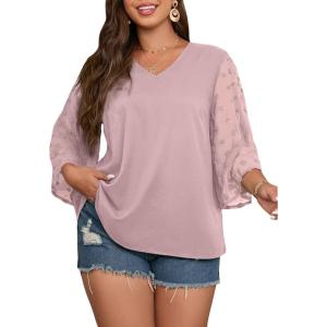 imageSOLY HUX Womens Plus Size Swiss Dots V Neck 34 Sleeve Casual Blouse TopsSolid Dusty Pink