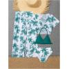 imageSOLY HUX Girls 4 Piece Swimsuits Tropical Print Halter Bikini Set Bathing Suits with Kimono and Cover Up PantsGreen Tropical