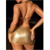 imageSOLY HUX Womens 3 Piece Swimsuit Metallic Halter Triangle Bikini Set Bathing Suit with Cover Up Beach SkirtPure Gold
