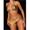 imageSOLY HUX Womens 3 Piece Swimsuit Metallic Halter Triangle Bikini Set Bathing Suit with Cover Up Beach SkirtPure Gold