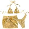 imageSOLY HUX Womens 3 Piece Swimsuit Metallic Halter Triangle Bikini Set Bathing Suit with Cover Up Beach SkirtPure Gold