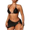 imageSOLY HUX Womens 3 Piece Swimsuit Metallic Halter Triangle Bikini Set Bathing Suit with Cover Up Beach SkirtSolid Black