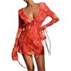 imageSOLY HUX Womens Tie Dye Mesh Sheer Cover Up Tie Backless Deep V Neck Long Sleeve Ruffle Beach DressRed Tie Dye