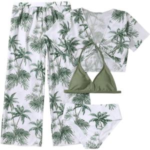 imageSOLY HUX Girls 4 Piece Swimsuits Tropical Print Halter Bikini Set Bathing Suits with Kimono and Cover Up PantsGreen and White