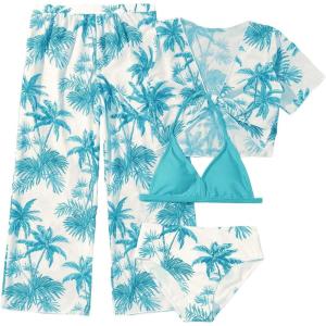 imageSOLY HUX Girls 4 Piece Swimsuits Tropical Print Halter Bikini Set Bathing Suits with Kimono and Cover Up PantsLight Blue and White