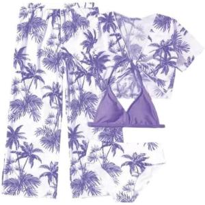 imageSOLY HUX Girls 4 Piece Swimsuits Tropical Print Halter Bikini Set Bathing Suits with Kimono and Cover Up PantsMauve Purple and White