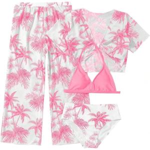 imageSOLY HUX Girls 4 Piece Swimsuits Tropical Print Halter Bikini Set Bathing Suits with Kimono and Cover Up PantsPink Tropical