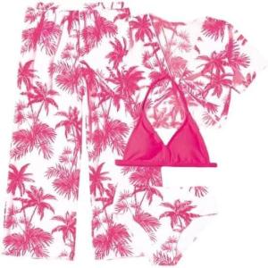imageSOLY HUX Girls 4 Piece Swimsuits Tropical Print Halter Bikini Set Bathing Suits with Kimono and Cover Up PantsPink and White