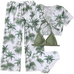 imageSOLY HUX Girls 4 Piece Swimsuits Tropical Print Halter Bikini Set Bathing Suits with Kimono and Cover Up PantsWhite and Green