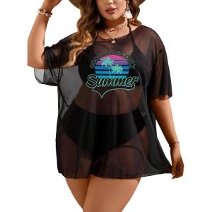 imageSOLY HUX Swim Cover Up for Women Plus Size Letter Graphic Mesh Sheer Bikini Swimsuits Bathing SuitBlack Letter