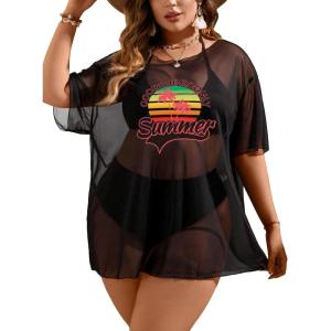 imageSOLY HUX Swim Cover Up for Women Plus Size Letter Graphic Mesh Sheer Bikini Swimsuits Bathing SuitBlack Mesh