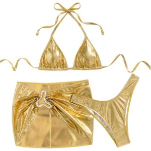 imageSOLY HUX Womens 3 Piece Swimsuit Metallic Halter Triangle Bikini Set Bathing Suit with Cover Up Beach SkirtPure Gold