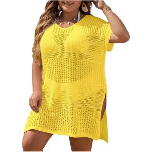 imageSOLY HUX Womens Plus Size Cover Up Dress Hollow Out Split V Neck Short Sleeve Swimsuit Bathing Suit Plain Yellow 2XL