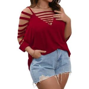 imageSOLY HUX Womens Plus Size Cut Out Ripped Cold Shoulder Tee Tops Deep V Neck Short Sleeve Sexy Summer T ShirtPure Burgundy