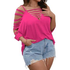 imageSOLY HUX Womens Plus Size Cut Out Ripped Cold Shoulder Tee Tops Deep V Neck Short Sleeve Sexy Summer T ShirtPure Hot Pink