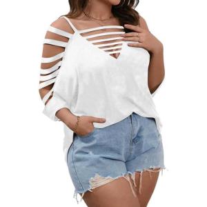 imageSOLY HUX Womens Plus Size Cut Out Ripped Cold Shoulder Tee Tops Deep V Neck Short Sleeve Sexy Summer T ShirtPure White