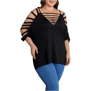 imageSOLY HUX Womens Plus Size Cut Out Ripped Cold Shoulder Tee Tops Deep V Neck Short Sleeve Sexy Summer T ShirtSolid Black