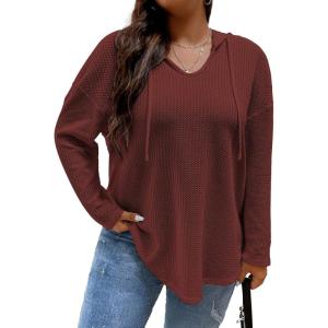 imageSOLY HUX Womens Plus Size Hoodies Long Sleeve Drawstring Waffle Knit Pullover Sweatshirt TopsMaroon Pure