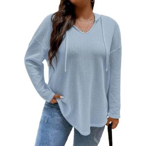 imageSOLY HUX Womens Plus Size Hoodies Long Sleeve Drawstring Waffle Knit Pullover Sweatshirt TopsPlain Blue