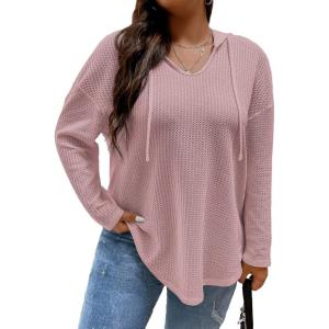 imageSOLY HUX Womens Plus Size Hoodies Long Sleeve Drawstring Waffle Knit Pullover Sweatshirt TopsPlain Dusty Pink