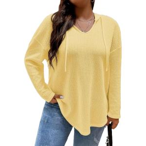 imageSOLY HUX Womens Plus Size Hoodies Long Sleeve Drawstring Waffle Knit Pullover Sweatshirt TopsPlain Yellow