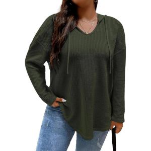 imageSOLY HUX Womens Plus Size Hoodies Long Sleeve Drawstring Waffle Knit Pullover Sweatshirt TopsPure Army Green