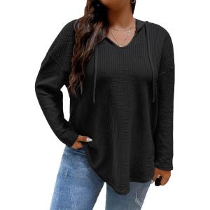 imageSOLY HUX Womens Plus Size Hoodies Long Sleeve Drawstring Waffle Knit Pullover Sweatshirt TopsPure Black