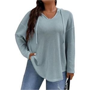 imageSOLY HUX Womens Plus Size Hoodies Long Sleeve Drawstring Waffle Knit Pullover Sweatshirt TopsPure Dusty Blue