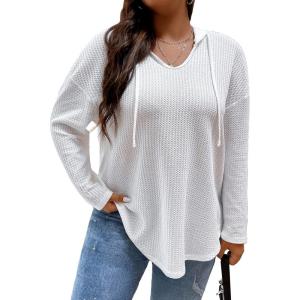 imageSOLY HUX Womens Plus Size Hoodies Long Sleeve Drawstring Waffle Knit Pullover Sweatshirt TopsSolid White