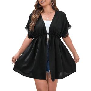 imageSOLY HUX Womens Plus Size Swimsuit Cover Up Kimono Lace Trim Tie Front Beach Cover UpsSolid Black