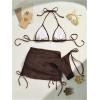 imageSOLY HUX Womens 3 Piece Swimsuit Fishnet Halter Triangle String Bikini Set Bathing Suit with Cover Up Beach SkirtSolid Chocolate Brown