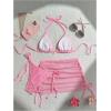 imageSOLY HUX Womens 3 Piece Swimsuit Fishnet Halter Triangle String Bikini Set Bathing Suit with Cover Up Beach SkirtSolid Pink