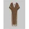 imageSOLY HUX Womens Hollow Out Fringe Hem Cover Up Dress V Neck Striped Split Sheer Swimsuit Bathing SuitBrown Striped Print
